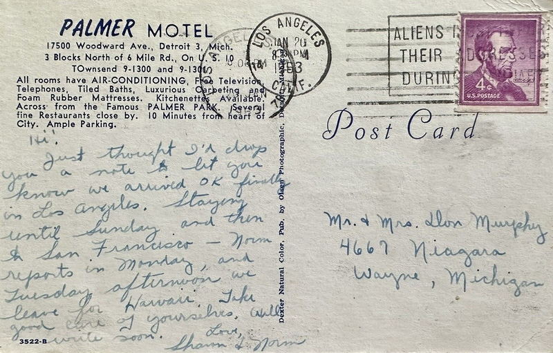 Palmer Motel - Vintage Postcard Back (newer photo)